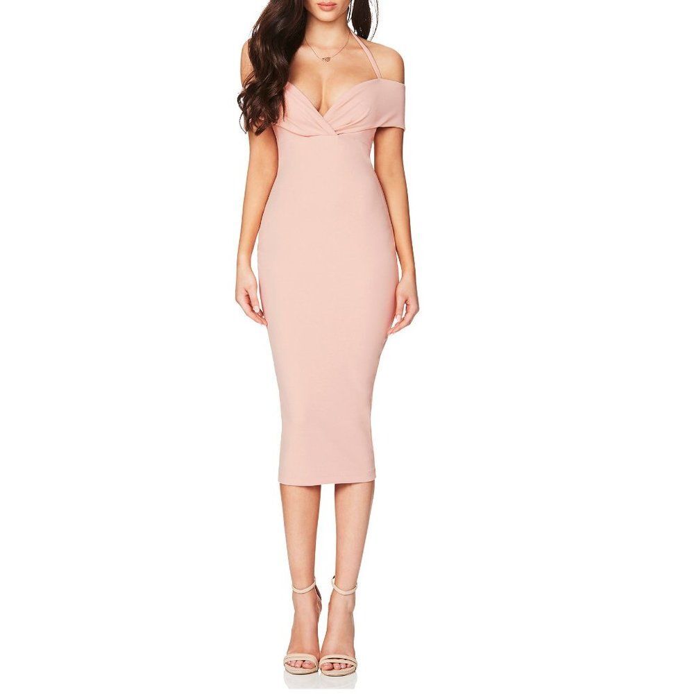 Nookie Athena Off The Shoulder Halter Scuba Crepe Stretchy Midi Dress Blush S